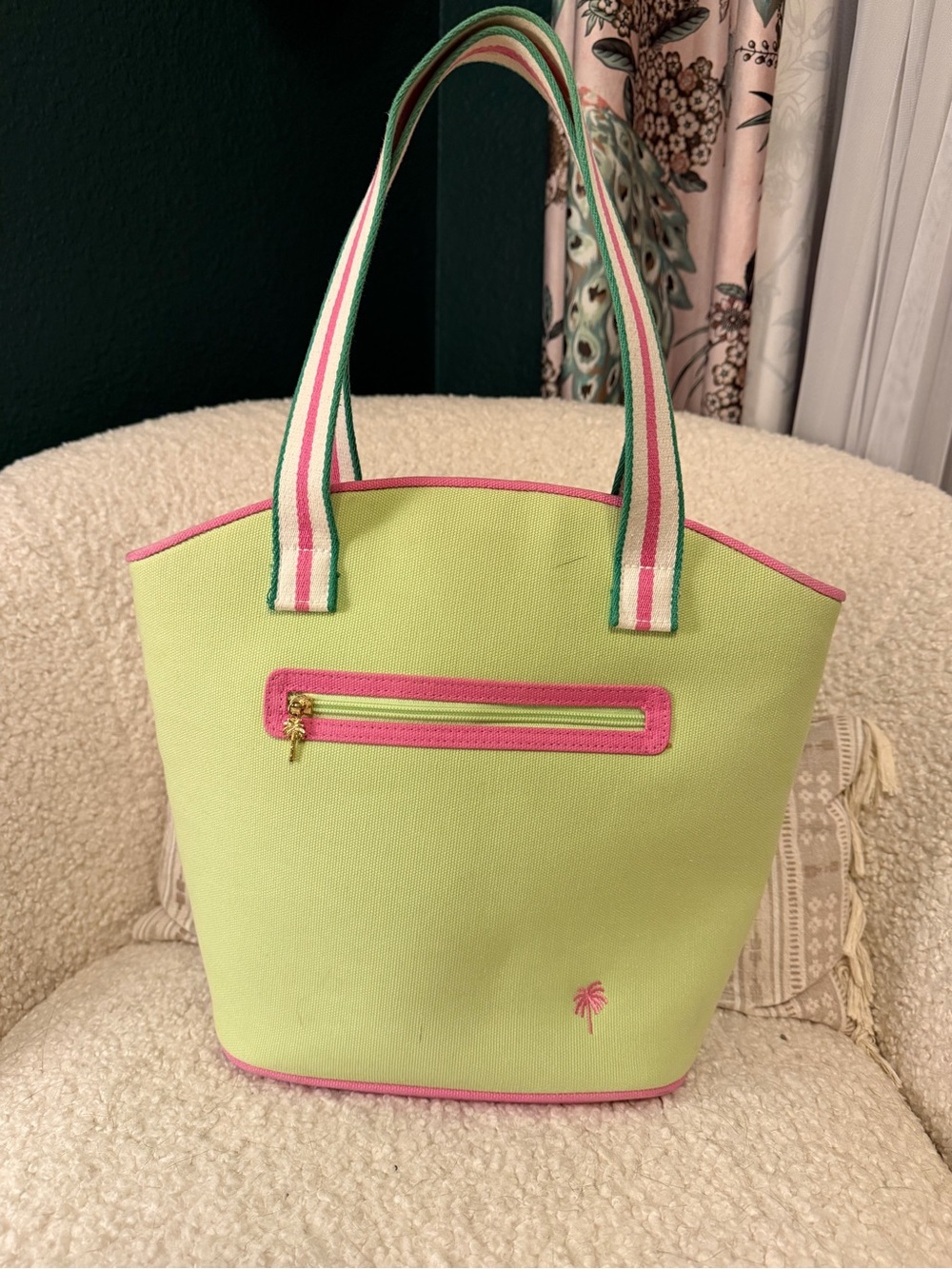 Lilly Pulitzer Lime Green Canvas Tote with Pink Trim and Striped Handles